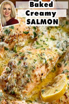 baked salmon, salmon recipes Creamy Salmon Recipes Baked, White Salmon Recipe, Salmon With White Sauce, Salmon Cream Sauce, Lemon Cream Salmon Recipes, Butter Sauce For Salmon, Creamy Baked Salmon, Cream Cheese Salmon Recipes, Salmon With Lemon Sauce