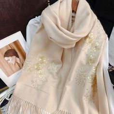 Embroidery Flower Warm Winter Cashmere Scarf 200*60 - SinoCultural Elegant Embroidered Beige Pashmina Shawl, Elegant Beige Embroidered Pashmina Shawl, Elegant Embroidered Fall Shawl, Elegant Embroidered Shawl For Fall, Elegant Cream Embroidered Shawl, Elegant Embroidered Shawl For Spring, Elegant Embroidered Scarves For Spring, Elegant Embroidered Spring Scarves, Winter Embroidered Pashmina Scarves