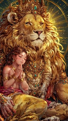 a painting of a girl and a lion