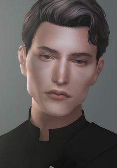 an artist's rendering of a young man with dark hair and black shirt looking at the camera