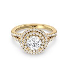 a yellow gold engagement ring with an oval center surrounded by round diamonds