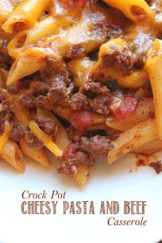 a close up of a plate of food with pasta and meat on it, text reads crock pot stuffed potato beef casserole