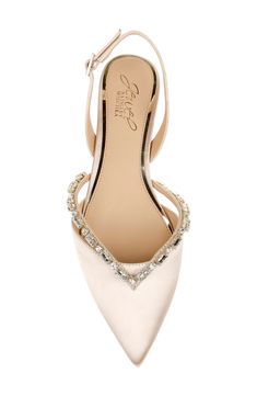 A string of jewels are like a royal crown on the vamp of this pointy-toe flat secured by a slender slingback strap. Adjustable slingback strap with buckle closure Lightly cushioned insole Synthetic or textile upper/synthetic lining/rubber sole Imported Women's Shoes Bride Shoes Flats, Bridesmaid Shoes Flat, Wedding Flats For Bride, Bride Flats, Mother Of The Bride Shoes, Taupe Wedding, Dressy Flats, Pink Wedding Shoes, Jewel Badgley Mischka