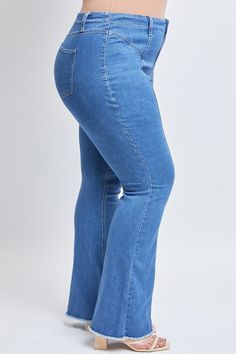 Get ready to turn heads with our Women's Plus High Rise Flare Jeans Front Seam Detail. Designed with a flattering high-rise waist and flared leg, this jean provides a stylish and comfortable fit for all body types. The front seam detail creates the look of a longer leg and adds a cute 70s touch to elevate your everyday style. Made from a soft denim material for all-day wear. Pair with a bodysuit and heels for a figure-flattering look!Product Details:- High-Rise- 1-Button Closure with Zipper- 2 F Womens Flare Jeans, High Rise Flare Jeans, Ymi Jeans, Denim Material, Some Girls, Everyday Style, Medium Blue, Everyday Look, Body Types