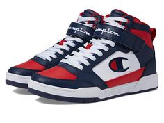 Champion Arena Hi - Men's Shoes : Navy/White/Scarlet : Create a cool and funky look by wearing the casual-style Champion Arena Hi sneakers. Leather and synthetic upper. Textile lining. Removable blended foam and rubber insole. Hook-and-loop strap closure with lace panel. High-top silhouette. Pull tab on the back. Brand lettering on the strap and back heel. Brand logo on the side. Round toe design. Rubber outsole. Imported. Measurements: Weight: 1 lb Product measurements were taken using size 7.5 Brand Lettering, Toe Designs, Pull Tab, Navy White, Product Reviews, Scarlet, High Top, Navy And White, Brand Logo