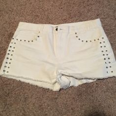 New Without Tags!! White Studded High-Waisted Shorts From Forever21. Worn Once For 2 Hours, Never Worn Again. They've Just Been Sitting In My Closet. No Stains, No Flaws, All Studs Present. (I Have A Pink Pair Of This Same Design, As Well As A Mint Pair. Save On Shipping With A Bundle!) White Studs, White Silver, High Waisted Shorts, White Shorts, Forever 21, Mint, High Waisted, Womens Shorts, Tags