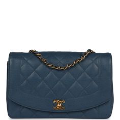 This Vintage Medium Diana Flap Bag is in blue in caviar with gold plated hardware, front flap with CC turnlock closure, single insert back pocket and adjustable interwoven gold plated chain link and Blue caviar leather shoulder/crossbody strap The interior is lined in Blue leather and includes one zip pocket with CC logo pull and one slip pocket on the back wall.Collection: 5-series (1997-1999)Origin: FranceCondition: Vintage; Excellent- This bag retain its shape, no plastic on hardware resultin Elegant Blue Double Flap Bag, Classic Blue Bag With Cc Turnlock Closure, Formal Blue Bag With Double Flap, Formal Blue Bags With Double Flap, Formal Blue Double Flap Bag, Chic Blue Bag With Cc Turnlock Closure, Blue Luxury Flap Bag For Formal Occasions, Luxury Blue Flap Bag For Formal Occasions, Classic Blue Formal Flap Bag