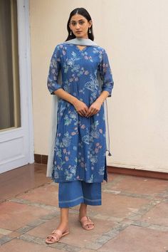 Ocean blue muslin cotton kurta with all over floral pattern and multi color intricate thread embroidery. Paired with embroidered bordered straight fit pant and powder blue dupatta. - Aza Fashions Blue Dupatta, Kurta Set For Women, Straight Fit Pants, Cotton Kurta, Thread Embroidery, Fashion App, Thread Work, Kurta Set, Muslin Cotton