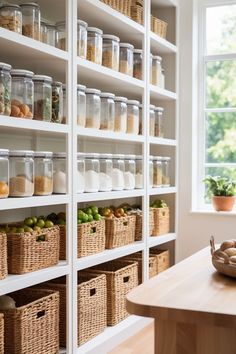 an organized pantry with lots of food in baskets and containers on shelving unit shelves