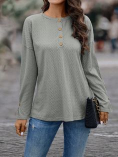 Buttoned Jacquard Fabric Long Sleeve T-shirt Grey Casual  Long Sleeve Knitted Fabric Plain  Slight Stretch Spring Women Clothing, size features are:Bust: ,Length: ,Sleeve Length: Spring Women, Women T Shirts, Jacquard Fabric, Long Sleeve Knit, Women Clothing, Long Sleeve T Shirt, Womens Tees, Knitted Fabric, Length Sleeve