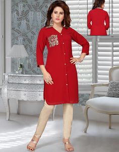 Red Georgette Partywear Salwar Kameez Latest Salwar with Bottom Pant Comfortable and Easy Wear Dress belongs to the embroidery work at the front and sleeves Hijab and band shown in the image can be bought separately Fabric: GeorgetteCare: Mild machine wash/ hand Cold Wash/ Dry cleanWe request customers to carefully choose the correct size and dress length referring to our size chart Red Kurti, Easy Wear Dresses, Modest Evening Dress, Embroidered Kurti, Plus Size Suits, Moroccan Caftan, Work Party, Georgette Fabric, Hip Dress