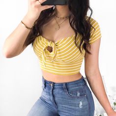 Size: S Or M (Would Recommend Going A Size Up To Get A More Comfortable Fit) Features: Knot Is Self Tying No Trades If This Item Does Not Fit You Cannot Return It - Poshmark Policy Knot Crop Top, Grace Moretz, Chloe Grace Moretz, Chloe Grace, Boutique Tops, Yellow Stripes, Top Sales, Mustard Yellow, Yellow White