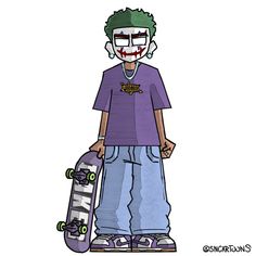 a drawing of a person with a skateboard in his hand and wearing a joker mask