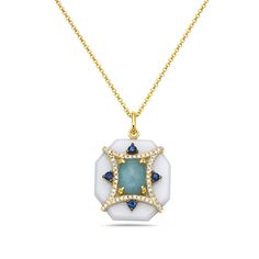 14K WHITE CERAMIC 58 DIAMONDS 0.20CT 4 SAPPHIRES 0.25CT A BLUE STONE DOUBLET IN AMAZONITE BOTTOM AND CLEAR QUARTZ ON TOP 18 INCHES CABLE CHAIN Luxury White Rectangular Necklace, Sapphire Pendant, Ceramic Pendant, Blue Stone, Clear Quartz, Cable Chain, White Ceramics, Sapphire, Cable