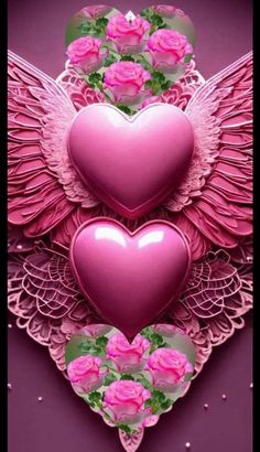 two hearts with wings and pink roses