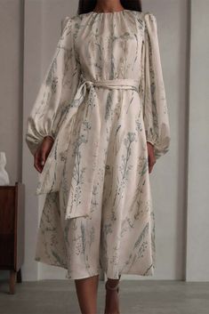 Elegant Floral Frenulum O Neck A Line Dresses Modest Beige Long Sleeve Dress, Modest Long Midi Dress For Spring, Spring Modest Long Midi Dress, Beige Long Sleeve Maxi Dress For Spring, Cream Long Sleeve Maxi Dress With Floral Print, Beige Long Sleeve Maxi Dress With Floral Print, Beige Printed Long Sleeve Dress, Beige Printed Long Sleeve Maxi Dress, Modest Fashion Outfits