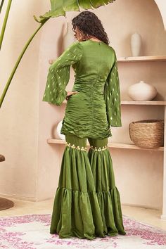 Green satin linen gathered tunic with acrylic embroidery and bell sleeves. Paired with a fitted sharara with embroidered panel and inner bustier. - Aza Fashions Papa Don't Preach, Linen Embroidery, Sharara Set, Fashion App, Green Satin, Set For Women, Aza Fashion, Bell Sleeves, Satin