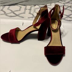 Old Navy Size 6 Burgundy Velvet Chunky Heel With Ankle Strap. 3” Chunky Heel. New Without Tags Burgundy Block Heels With 4-inch Heel, Burgundy Medium Width Heels For Fall, Hoco Shoes, Navy Block Heels, Leopard Print High Heels, Embellished Heels, Floral Heels, Sparkly Heels, Burgundy Velvet