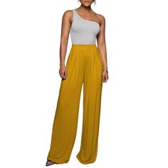 Yellow Solid Color Wide Leg Casual Pants Yellow Stretch Wide-leg Pants, Yellow Full-length Bottoms For Summer, Yellow Full Length Bottoms For Summer, Long Yellow Bottoms For Summer, Yellow Non-stretch Full-length Bottoms, Full Length Yellow Bottoms For Summer, Yellow Wide Leg Harem Pants For Spring, Spring Yellow Stretch Wide Leg Pants, Yellow Wide Leg Full-length Summer Pants