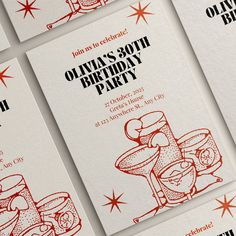 several birthday party flyers are shown in red and white