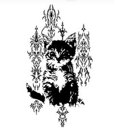 a black and white drawing of a cat surrounded by ornate designs on a white background