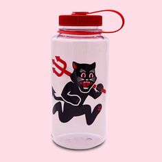 a water bottle with an image of a black cat on the front and red cap