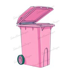 a pink plastic trash can with wheels