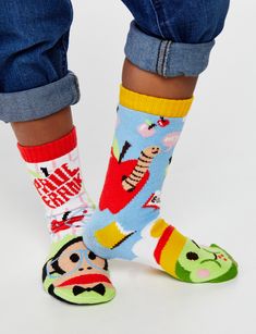 Straight outta your nostalgic y2k fashion, dELiA*s catalog dreams, presenting geek themed Julius the iconic monkey & Sam the (bookworm) grub. These fun and colorful socks are part of the Pals + Paul Frank™ limited edition Collection. Julius & Sam are one of four pairs feeturing Julius the Monkey and pals from Planned Pines. These besties don't match. It's so much better that way. The best kinda pals are the ones who expose you to all of the good things life has to offer. When you wear these sock Fun Multicolor Character Print Socks, Casual Multicolor Character Print Socks, Multicolor Casual School Socks, Casual Multicolor School Socks, Fun Round Toe Socks For Playtime, Casual Multicolor Graphic Print Socks, Julius The Monkey, The Bookworm, Non Slip Socks