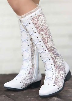 Our most amazing boot to date, these lace boots are to die for! This sheer lace boot has so many details, you will be wanting a pair for yourself! Lace details and chic metal studs make up the front boot, while a side zip makes getting them on and off super easy. The lace is soft and not scratchy. These are so darling with our dresses, truly a photographers dream. Lace & PU upper, rubber sole, side zip. Fairy Boots, Bride Boots, Lace Frocks, Wedding Boots, Formal Accessories, Fairy Wedding, Trendy Boots, 1 Girl, Girls Boots