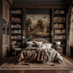 a bedroom with bookshelves and paintings on the wall