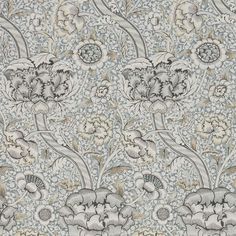 an intricately designed wallpaper with flowers and leaves in grey, beige and white colors