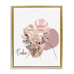 a pink and gold framed artwork with flowers on the bottom, in front of a white background