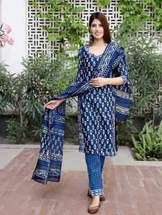 Beautiful Cotton Suit Set with Hand Block Print with 3/4 sleeve. It's a set of Kurta, Pant and Chanderi Printed Dupatta in Indigo Blue Bagru Hue. Neck: Square Neck Sleeve Length: 3/4th Sleeves Kurta Length: Calf Length Fabric: Kurta & Botton - Cotton Dupatta - Chanderi Note: Wash Care Instructions - Dry Clean Only. The product will be shipped within 15-20 days of the order placed Measurements: Size Bust Waist Hip XS 34 28 36 Size 36 30 38 M 38 32 40 L 40 34 42 XL 42 36 44 2XL 44 38 46 3XL 46 40 Chanderi Suits, Indigo Prints, Printed Dupatta, Anarkali Kurta, Cotton Dupatta, Hand Block Print, Kurta Set, Suit Set, Indigo Blue