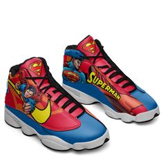 Superman J13 Sneakers Super Heroes Custom Shoes-Gear Wanta Custom Running Sneakers With Rubber Sole, Leather Basketball Shoes With Round Toe, Custom Leather Sneakers With Boost Midsole And White Sole, Leather Running Shoes With Round Toe, Custom Mid-top Running Sneakers With Rubber Sole, Multicolor High-top Sneakers For Running, Leather Jordan Shoes For Sports Events, Jordan Shoes With Cushioned Footbed For Sports, Leather Mid-top Jordan Shoes