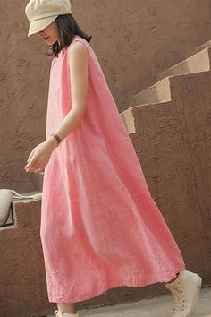 Pink Sleeveless Women Summer Linen Dresses Soft Washed Summer Long Women Dresses 57292 Linen Dress Elegant Classy, Dress Linen, Pink Linen