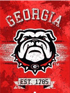 the logo for the university of georgia bulldogs on a red and white background with black lettering