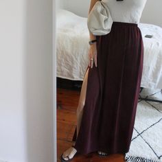 Beautiful Flowy Plum Zara Maxi Skirt With Tags Chic Stretch Maxi Skirt For Day Out, Chic Maxi Skirt With Elastic Waistband For Day Out, Spring Vacation Bottoms With Split Hem, Summer Vacation Bottoms With Split Hem, Summer Stretch Maxi Skirt With Split Design, Chic Full-length Brown Skirt, Chic Full Length Brown Skirt, Chic Brown Full-length Skirt, Spring Beach Skirt With Split Design