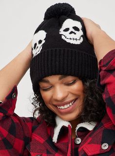 Matching Style(s): Search 16311652. FIT. Measures 76” x 14” . MATERIALS + CARE. 73% acrylic, 24% nylon, 3% spandex. Machine wash cold. Dry low. Imported. DETAILS. Skull print. . Pom on top. . The best plus size women's pom beanie - black skull beanies in multi. Torrid is your destination for cozy fall and winter clothes to keep you warm and comfortable. Fur Pom Pom Beanie, Bucket Hat White, Beanie Black, Black Skull, Active Outfits, Black Skulls, Faux Fur Pom Pom, Halloween Fashion, Pom Pom Hat