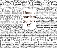 doodle borders with hearts and arrows in black and white, set of 12 digital clip art