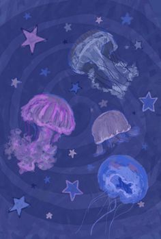 an image of jellyfishs in the water with stars around them on a blue background