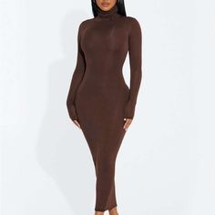 Brand New Turtleneck Midi Dress. Dress Is Double Lined, Sleeves Are Single Lined. Material Is 94% Modal, 6% Spandex. Black Feminine Outfit, Wardrobe Brown, Brown Knit Dress, Black Midi Dress Bodycon, Brown Midi Dress, Turtleneck Midi Dress, Brown Leather Dress, Feminine Outfits, Leather Midi Dress