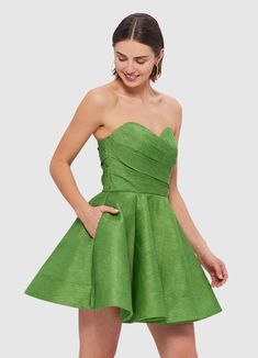 PRODUCT DESCRIPTION Premium silk linen mini dress Sweetheart strapless neckline Hand draped bodice Fitted waistSide pocketsVoluminous A-line skirt Invisible back zip closure Full lining SIZE & FIT 6 8 10 12 14 16 Bust 79 84 89 94 100 106 Waist 65 70 75 80 86 92 Back length 62.3 63 63.7 64.4 65.1 65.1 Sweep 384 388 392 396 400 400.5 Model is 5’10” (178 cm) and wears a size 8 Bust: 31” (79cm) / Waist: 24.5” (62cm) / Hips: 35” (89cm) Bustier Mini Dress, Leo Lin, Strapless Dresses Short, Draped Bodice, Strapless Dresses, Strapless Neckline, Linen Mini Dress, Green Mini Dress, Silk Linen