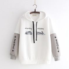 Dimensions: 59cm(Length), 102cm(Bust), 70cm(Shoulder), 38cm Sleeve *1cm=0.4 Inch Kawaii Hoodies, Spring Hoodie, Color Block Sweatshirt, Cat Hoodie, Letter Print Sweatshirt, Drawstring Hoodie, Cotton Hoodie, White Hoodie, Fesyen Wanita