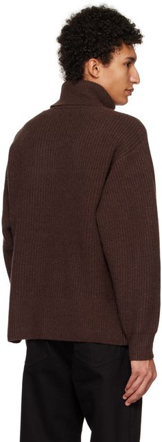 Rib knit wool turtleneck. Supplier color: Chocolate brown Brown Turtleneck Sweater For Work, Brown Winter Turtleneck For Work, Brown Turtleneck For Workwear In Fall, Brown Turtleneck For Fall Workwear, Brown Turtleneck Outerwear With Ribbed Cuffs, Brown Funnel Neck Turtleneck For Fall, Brown High Neck Turtleneck, Brown High Neck Sweater For Work, Cozy Brown High Neck Turtleneck