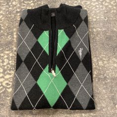 Carnoustie Argyle Sweater Vest Men Size L But Could Be Unisex Nwot In A Gorgeous Green And Gray And Black. Zip Up Front A Marvelous Gift Has A Bagpipe Player On Front Casual Long Sleeve Argyle Outerwear, Casual Argyle Pattern Outerwear For Fall, Argyle Sweater Vest, Vest Men, Green And Gray, Bagpipes, Argyle Sweater, Mens Vest, Sweater Vest