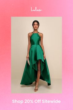 a woman in a green dress with the words shop 20 % off site