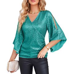 PRICES MAY VARY. 【SIZE】The sparkly party blouse is made with a slim fit design and low stretchy（Will be 1-2 cm smaller than actual size）, please choose One Size Up if you want a more relaxed feeling 【Features】Sequin tops for women - Sexy v neck, 3/4 bell sleeves, split sleeves; The glitter sparkly blouse is designed to be slim-fitting, which creates a flattering silhouette and adds to the overall dressy look 【Material】Full shiny sequin cover, The sparkle top is made of high-quality sequin fabric Sequin Top And Jeans Outfit, Green Sequin Top Outfit, Jollywood Nights, Sequins Top Outfit, Sparkly Blouse, Guest Ideas, Glitter Blouse, Split Sleeve Top, Deck Seating