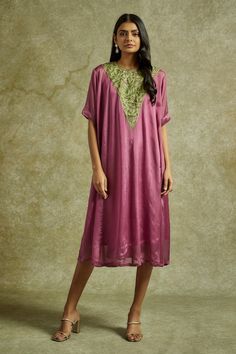 Pink one piece dress with contrasting kashmiri aari embroidery on yoke. - Aza Fashions Green Embroidered Straight Kurta Dress, Transitional Anarkali Dresses With Embroidered Border, Transitional Zari Work Dresses, Anarkali Dress With Embroidered Border For Eid, Eid Anarkali Dress With Embroidered Border, Silk Dresses With Resham Embroidery For Eid, Eid Embroidered Silk Dress, Festive Silk Dress With Resham Embroidery, Festive Tunic Dress With Resham Embroidery