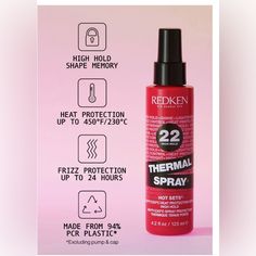 What It Is Thermal Spray 22 High Hold Is A Thermal Setting Mist That Provides Mega Hold And Heat Protection For Up To 450 Degrees. This Professional Product Creates Heat Styles With Shine Offers Anti-Frizz Control And Provides Staying Power. What It Does Sets Style With Firm Lasting Hold And Protects From Frizz For Strong Definition With Flat Irons And Curling Irons. New Heat Restyling Technology Prepares Hair For Easy Style Transition. Controls Frizz And Adds Smoothing. Setting Mist, Strong Definition, Transitional Fashion, Redken Hair Products, Redken Color, Flat Irons, Curling Irons, Heat Protectant, Anti Frizz