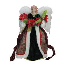 an angel figurine with red flowers and green leaves on it's back